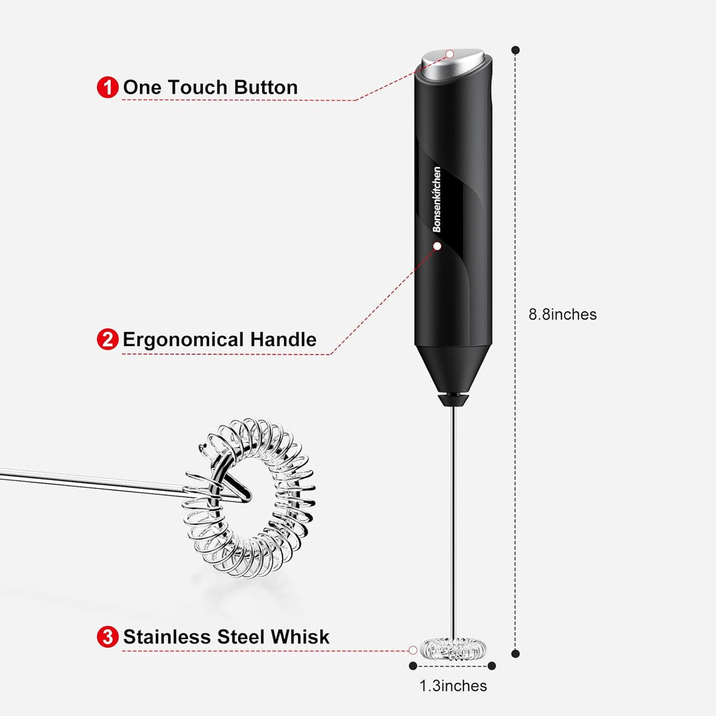 Bonsenkitchen Milk Frother with Stand for Coffee, Battery Operated Frother