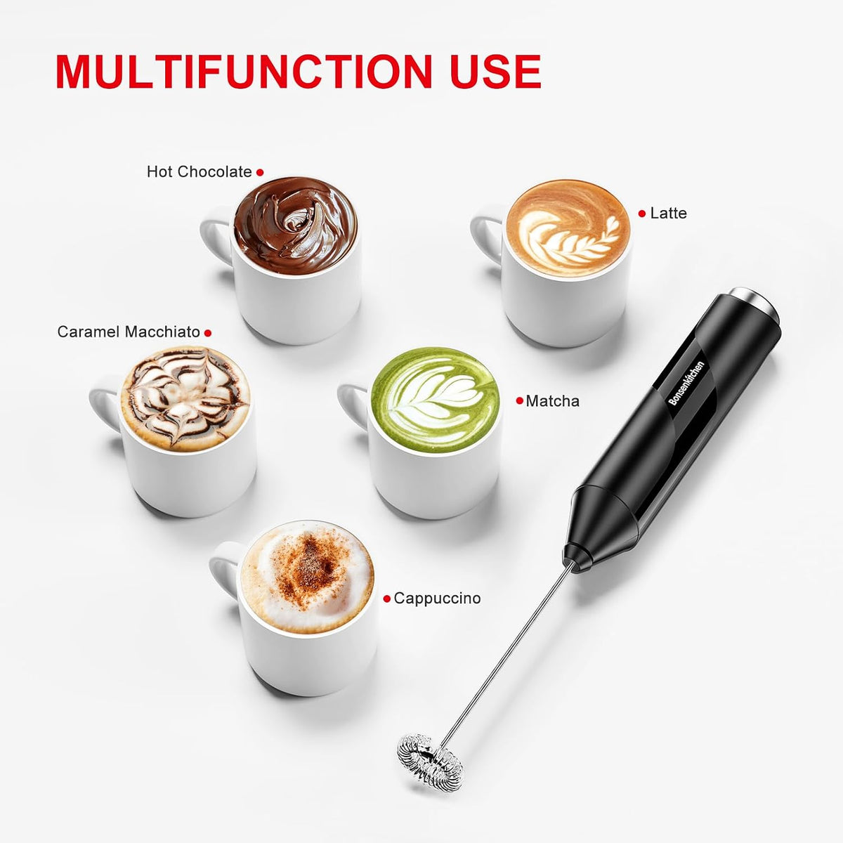 Bonsenkitchen Milk Frother with Stand for Coffee, Battery Operated Frother