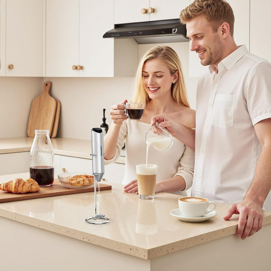 Bonsenkitchen Milk Frother with Stand for Coffee, Battery Operated Frother