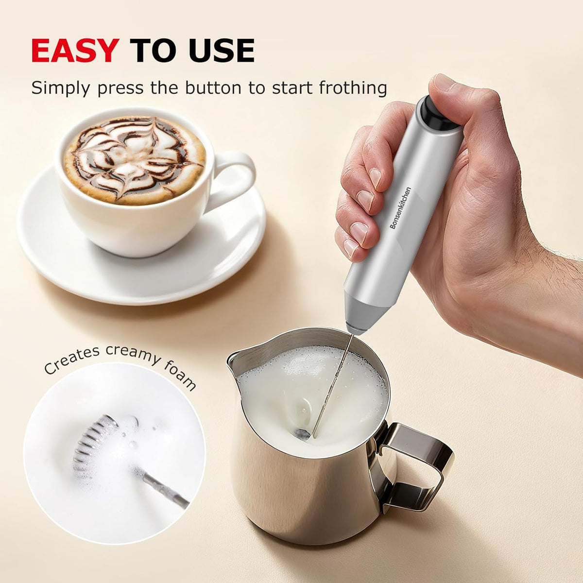 Bonsenkitchen Milk Frother with Stand for Coffee, Battery Operated Frother
