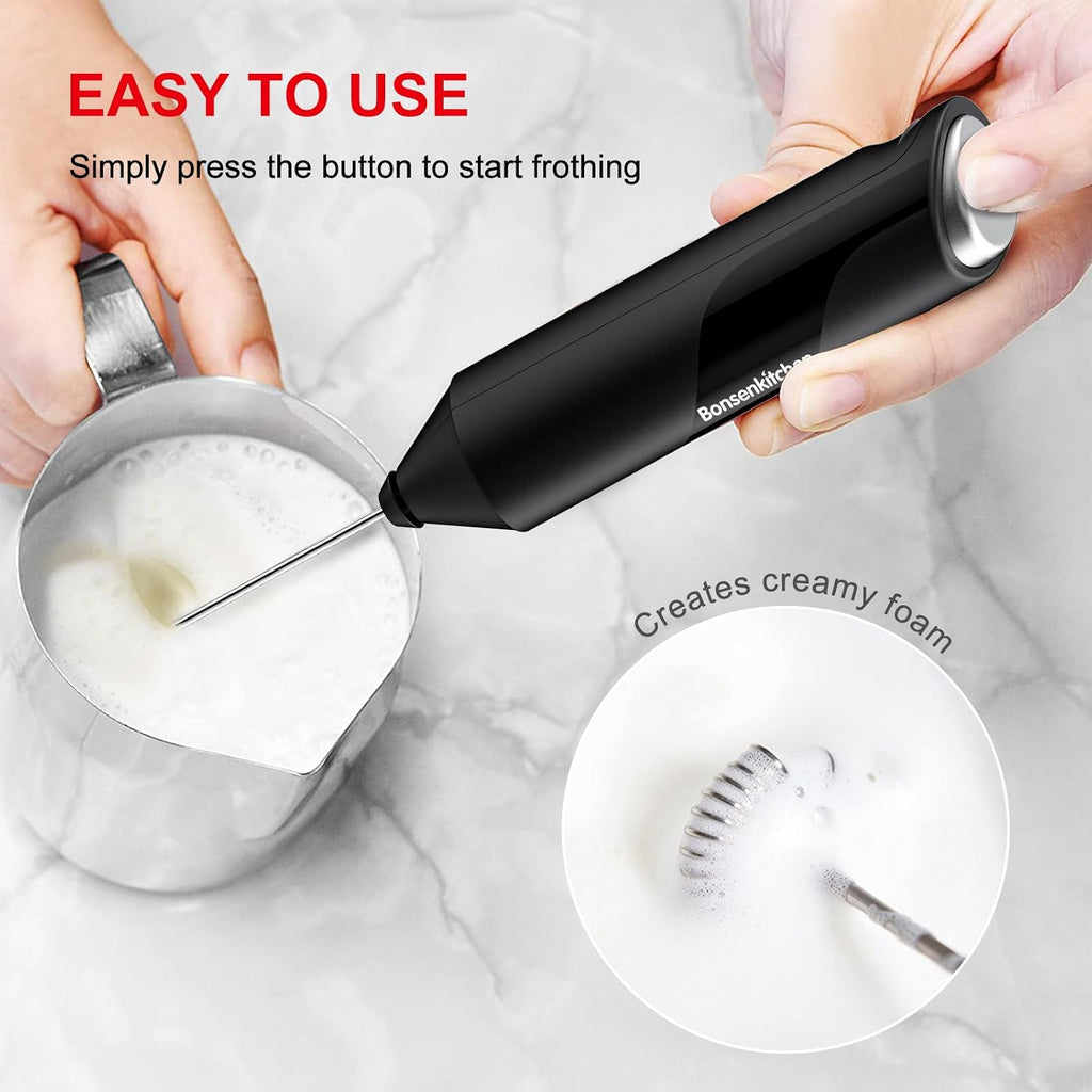 Bonsenkitchen Milk Frother with Stand for Coffee, Battery Operated Frother
