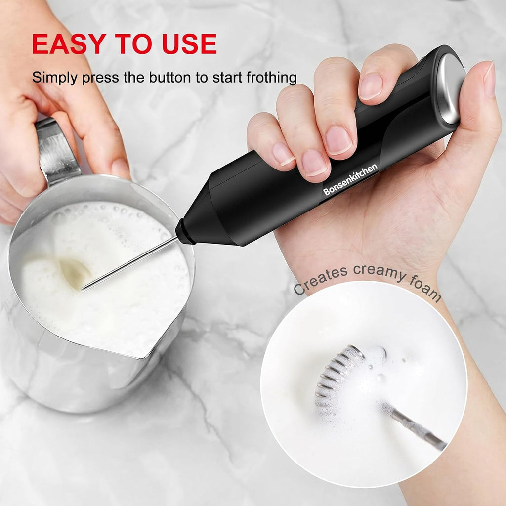Bonsenkitchen Milk Frother with Stand for Coffee, Battery Operated Frother