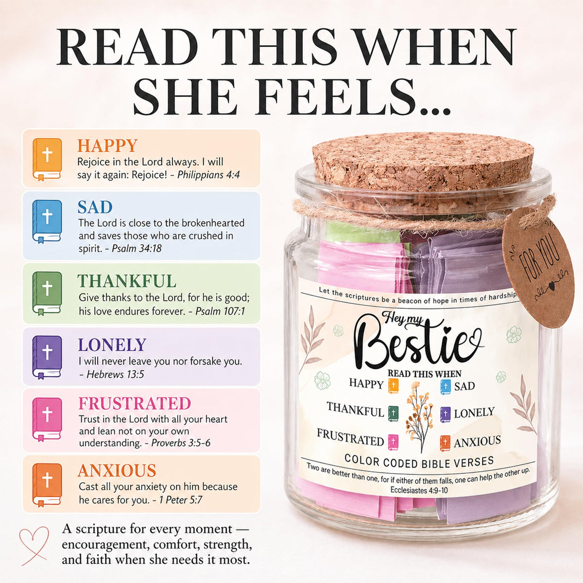 Bible Verses Jar, 92 Hand-Rolled Bible Scroll, Read Me When Christian Jar, Color Coded KJV Bible Verses, Religious Gifts for Women, Prayer Gifts for Friends, Mom, Sister, Cancer Warriors