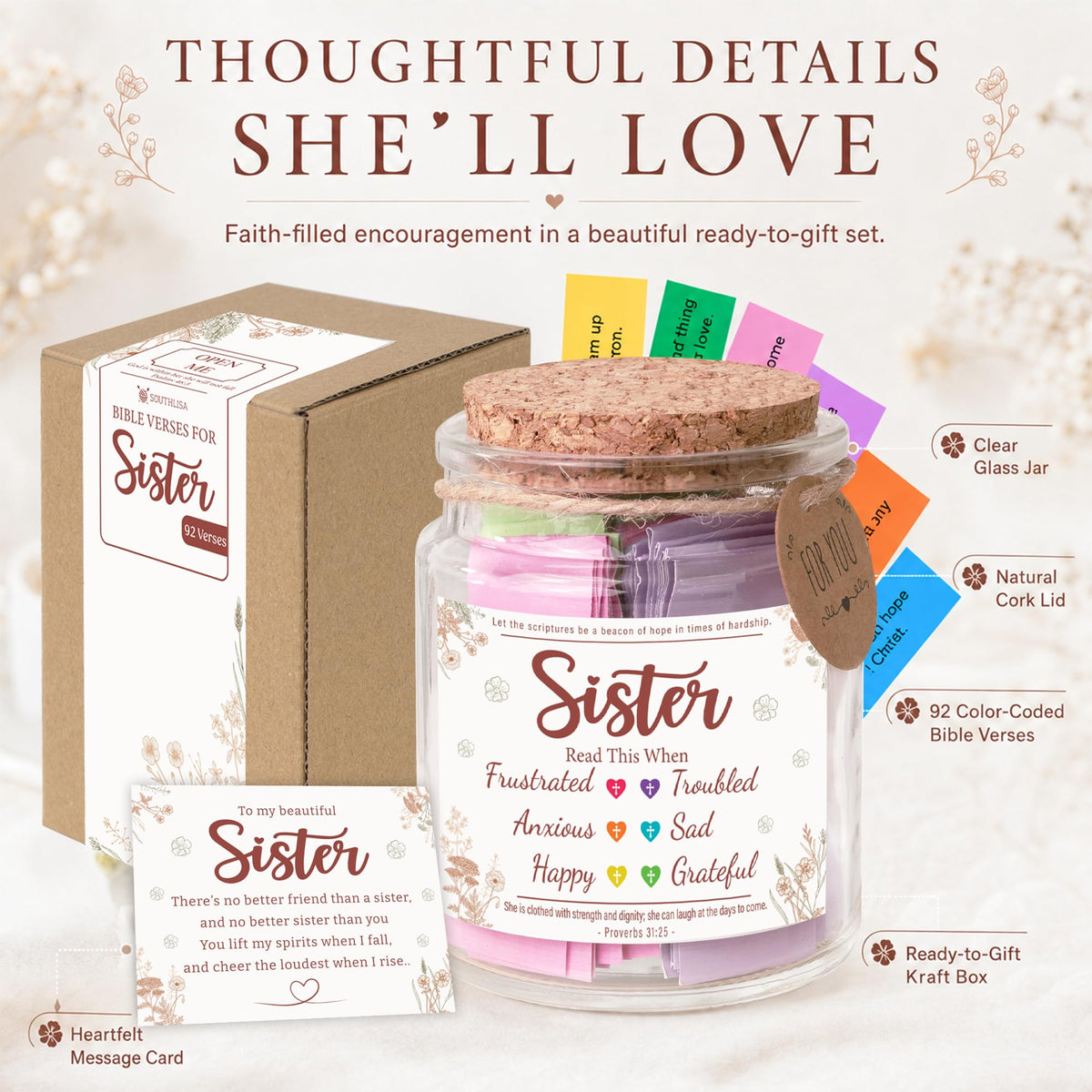 Bible Verses Jar, 92 Hand-Rolled Bible Scroll, Read Me When Christian Jar, Color Coded KJV Bible Verses, Religious Gifts for Women, Prayer Gifts for Friends, Mom, Sister, Cancer Warriors